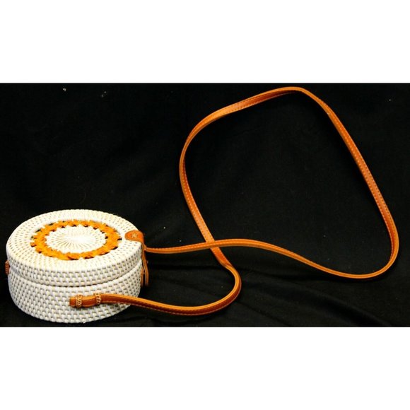 Round Crossbody Sm Woven Rattan White with Orange Accent, Brown Strap - Picture 4 of 10